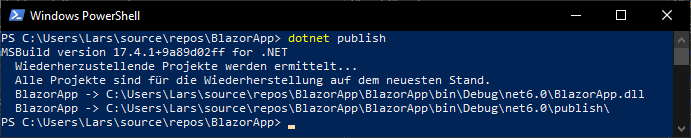 Befehl dotnet publish in der PowerShell ausgeführt.